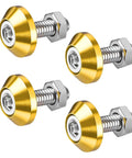 4 Piece Slick Gold Motorcycle License Plate Bolts, M6 aluminum fasteners, shiny gold finish, for securing motorcycle tags.