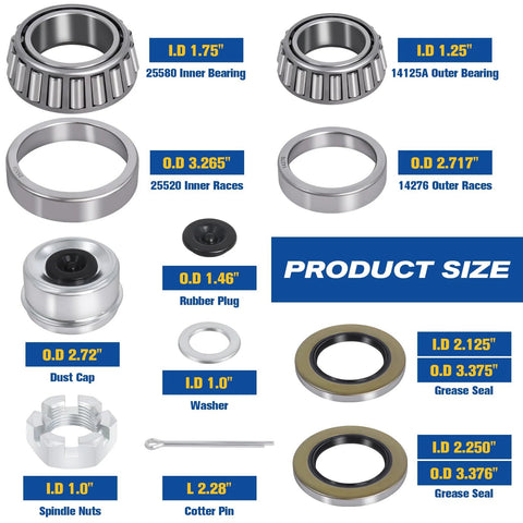 Boat trailer axle bearing kit, 4-set with inner/outer bearings, races, grease seals, dust caps, plugs, cotter pins