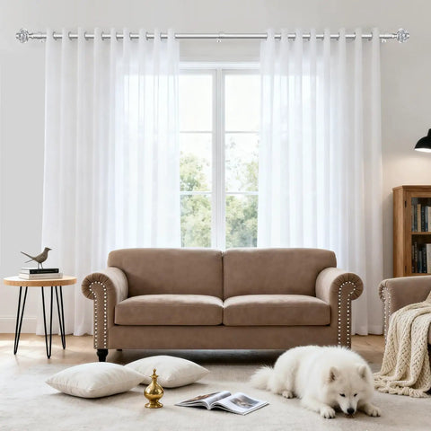 Living room scene with a Telescoping Curtain Rod Set 32 To 58 Inches Adjustable 7 Eighth Inch Drape Rod For Windows 20 To 54 Inches Silver