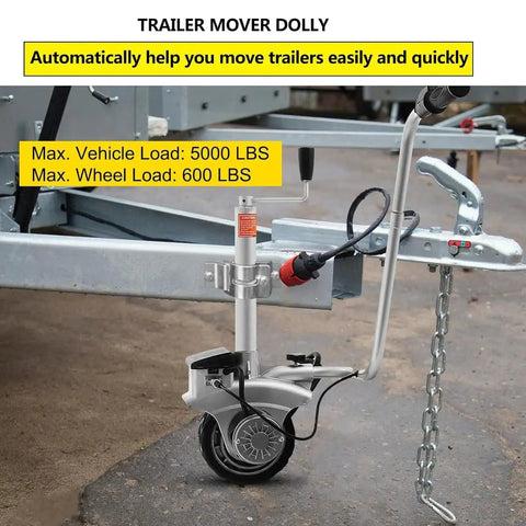 Super Heavy Duty Electric Trailer Mover With Massive 350W Motor And Fat Wheels, showing trailer dolly with 5000 lbs load capacity.