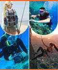 Images of people fishing, scuba diving, underwater photography, and rock climbing with gear in various activities.
