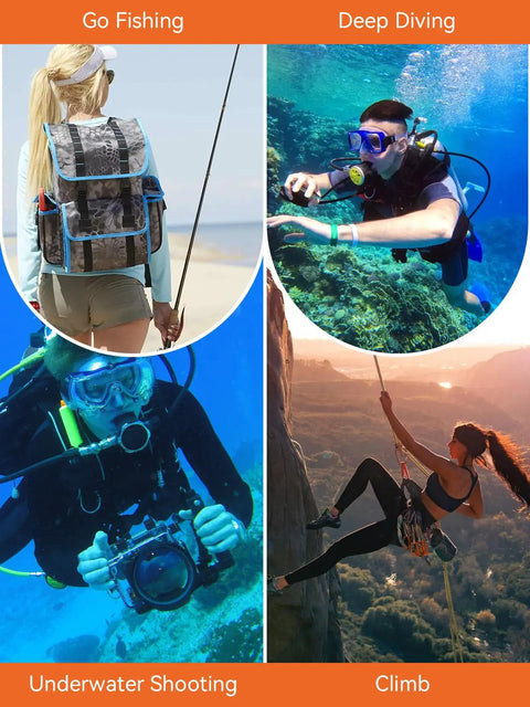 Images of people fishing, scuba diving, underwater photography, and rock climbing with gear in various activities.