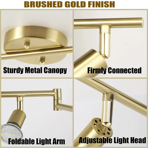 Golden Finish 6 Light LED Track Lighting Kit With Rotatable Heads detail, focusing on brushed gold finish components and connections.