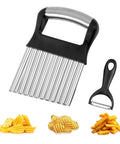 Front view of stainless steel waffle-style crinkle cutter with black handle; includes vegetable peeler