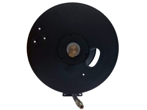 Front view of Heavy Duty Pressure Washer Hose Reel For Skid Or Wall Mount, 200 Ft Capacity, 3/8 Inch Hose, Air And Water Ready.