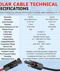 Solar cable technical specifications sheet with connectors for Two Pack Fifty Foot 10 AWG Solar Panel Extension Cables With Waterproof Male And Female Connectors For RVs And Photovoltaic Systems, Heavy Duty Outdoor Solar Wiring For Easy Flexible Setup
