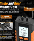 Pro Grade Dual Port Digital HVAC Manometer For Gas Pressure Testing With Fast Response And High Accuracy, display showing readings