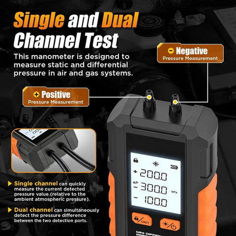 Pro Grade Dual Port Digital HVAC Manometer For Gas Pressure Testing With Fast Response And High Accuracy, display showing readings