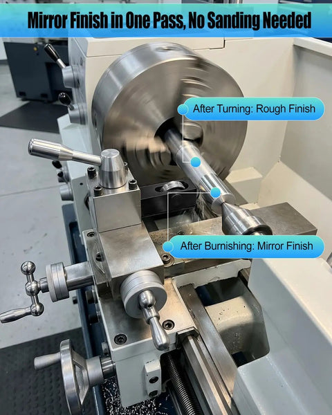 Mini Lathe Burnishing Tool Dishing Out Slick Metal Polish With Tough Bearing Steel Rollers demonstrating rough to mirror finish transformation.