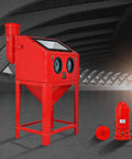 Rugged 1.6 HP Dust Collector With 1.8 Gallon Bucket Packs Killer Suction For Sandblasting Cabinets And Media Blasters, red unit in workshop.