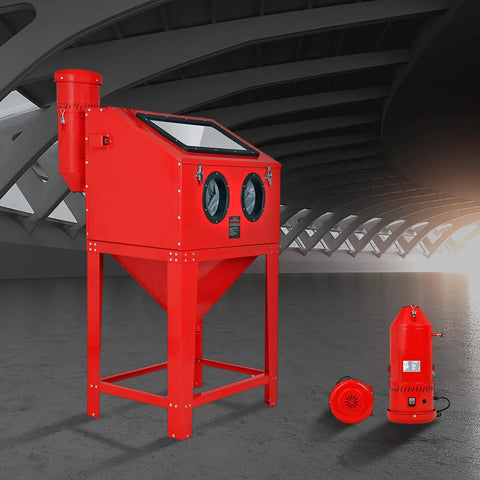 Rugged 1.6 HP Dust Collector With 1.8 Gallon Bucket Packs Killer Suction For Sandblasting Cabinets And Media Blasters, red unit in workshop.