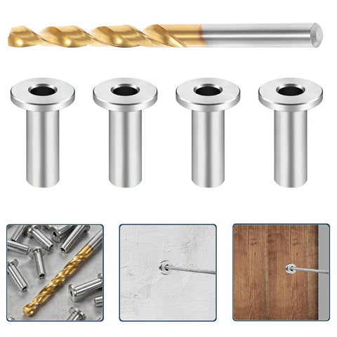 Top Notch Stainless Steel Cable Railing Sleeves With Drill Bit For 1/8 Inch Wire Rope Weatherproof Deck Stair Balustrade Protector Kit For Coastal Homes, stainless sleeves and drill bit