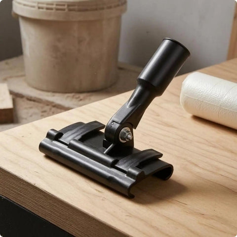 Sturdy Floor Coating Roller Clamp Accessory With Metal Handle Grip Holder Attachment For Tight Control And Stable Base, Ideal For Workshop Use, close-up on wood