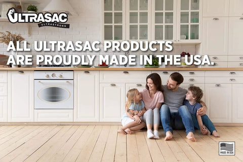 Family sitting in a modern kitchen with text 'ALL ULTRASAC PRODUCTS ARE PROUDLY MADE IN THE USA.'