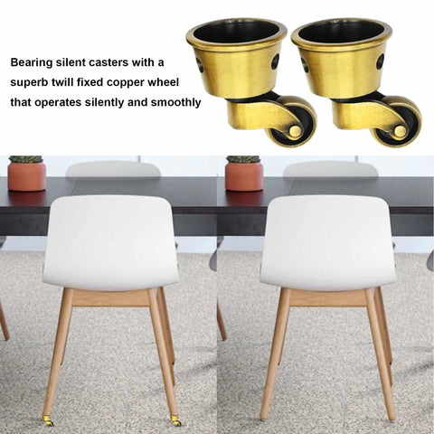 Pair of Vintage Zinc Alloy Swivel Casters 2 Pack, 1-3/4 Inch OD, Antique Brass Bronze Finish on white chair legs.