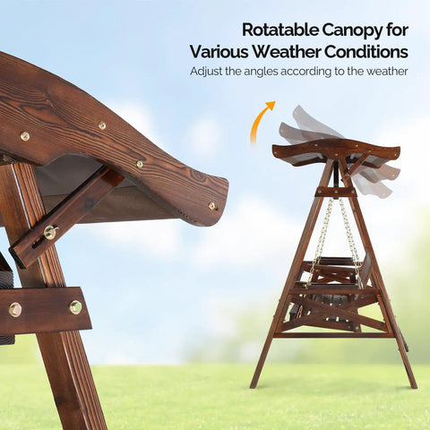 Close-up of the adjustable canopy on a Porch Swing With Stand And Canopy, Waterproof Outdoor Patio Swing With Cup Holder.