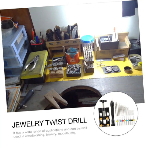 Workbench setup featuring the Hand Drill Jewelry Punch Tool Kit For Woodworking with assorted drill bits and tools.