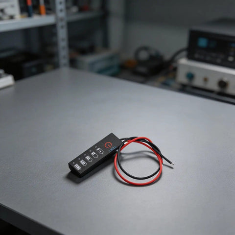 Straight Up Led Battery Voltage Gauge 5V To 21V with wires on gray workbench for checking lithium cell voltage.