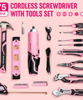 Pink 75-Piece Tool Set With Rotatable Cordless Screwdriver 3.7V, 13 Inch Portable Steel Toolbox For Home, Garage, Dorm, And New House DIY Essentials, All-In-One Basic Hardware Kit displayed.