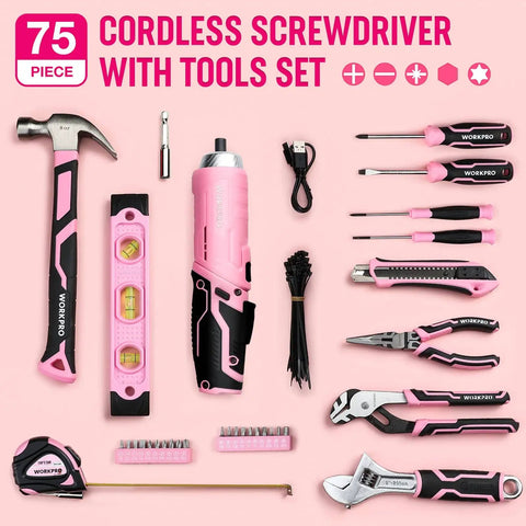 Pink 75-Piece Tool Set With Rotatable Cordless Screwdriver 3.7V, 13 Inch Portable Steel Toolbox For Home, Garage, Dorm, And New House DIY Essentials, All-In-One Basic Hardware Kit displayed.