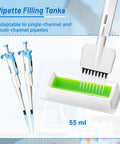 Front view of Biologix blue and white adjustable micropipettes beside a white 55 ml reagent reservoir with green liquid.