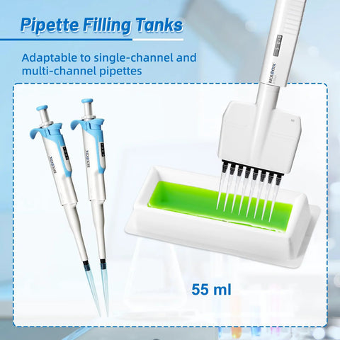 Front view of Biologix blue and white adjustable micropipettes beside a white 55 ml reagent reservoir with green liquid.