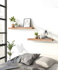 Set Of Six Premium Solid Wood Floating Wall Shelves Light Brown Oak Style Real Timber Grain Decor For Bedroom Living Room Knockout Design Hella Durable Modern Rustic Look 17 Inch Width Easy Mount Home Storage Solution with decorative items and plants.