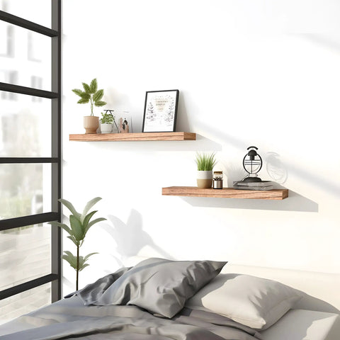 Set Of Six Premium Solid Wood Floating Wall Shelves Light Brown Oak Style Real Timber Grain Decor For Bedroom Living Room Knockout Design Hella Durable Modern Rustic Look 17 Inch Width Easy Mount Home Storage Solution with decorative items and plants.