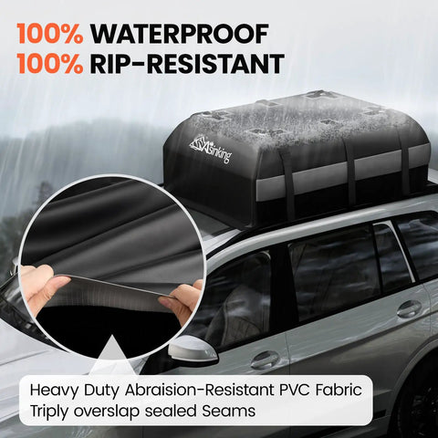 Rooftop Cargo Bag for Cars Waterproof 21 Cubic Feet Heavy Duty Luggage Carrier on wet vehicle roof with material close-up