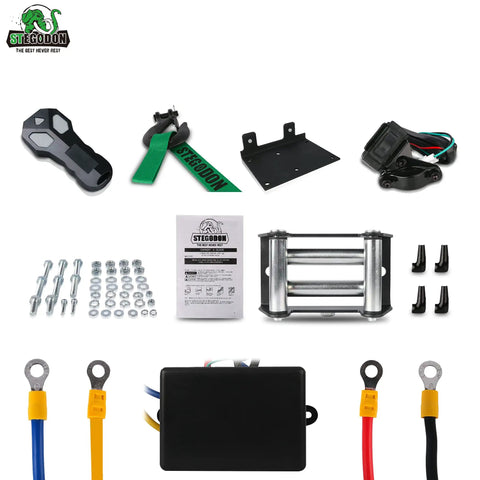 Components of Beefed Up 3000 Lb 12V Electric Winch With Steel Cable, Wireless Remote And Wired Handle, IP67 Waterproof, 4-Way Roller