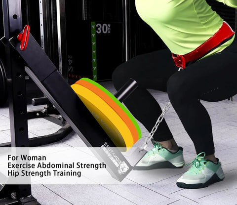 Squat Lever Arm Plate Loaded Gym Equipment in use for belt squats on black 3x3 rack with weights