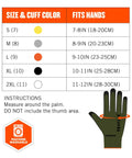 Size chart and fit instructions for cut resistant work gloves with aramid fiber, nitrile coating, showing hand sizing and cuff colors