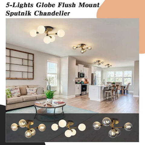 Five Light Mid Century Modern Milk Glass Globe Ceiling Light In Black And Brass Semi Flush Mount Sputnik Fixture In Living Room