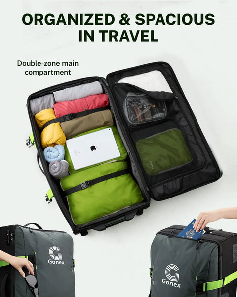 Gonex 30-inch nylon wheeled duffle bag, green; water-repellent travel luggage with organized interior