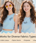 Two women wearing blue tops with 36 Sheet Iron On Transfer Decals Set for DIY Tees and Hoodies DTF Heat Activated Film designs.