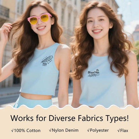Two women wearing blue tops with 36 Sheet Iron On Transfer Decals Set for DIY Tees and Hoodies DTF Heat Activated Film designs.