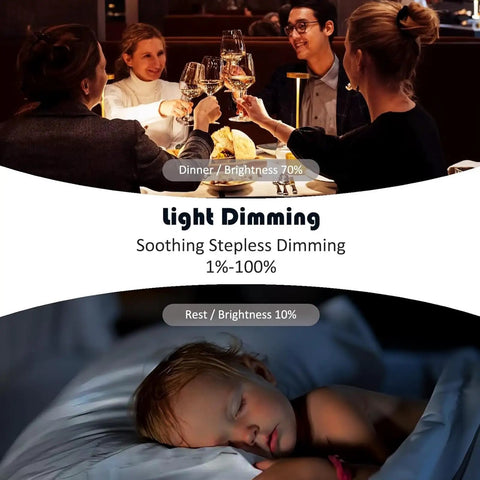 Two photos showing light dimming: group dining at 70% brightness, child sleeping at 10% brightness.