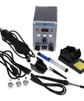 Pro Grade Digital Display Soldering Iron Station Kit With Hot Air Rework Bent Tip Tweezer And Solder Sucker on tabletop