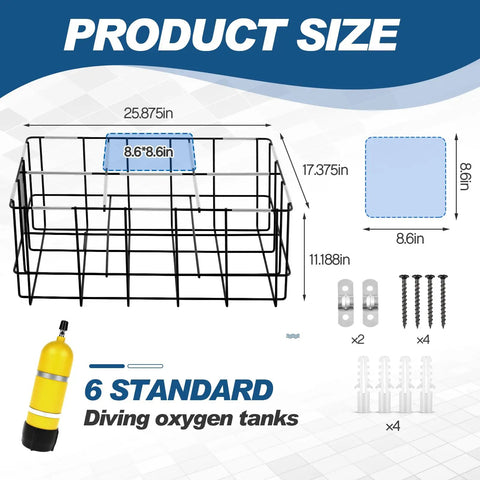 Product size diagram of Six Tank Scuba Cylinder Holder Storage Rack With Cushioned Sleeves Prevents Damage For Safe Transport