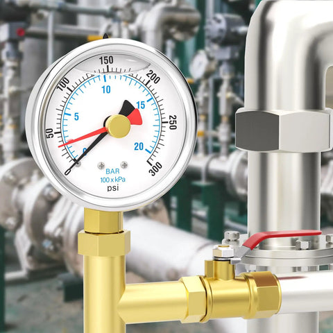 Liquid Filled Pressure Gauge 0-300 PSI, 2.5 Inch Dial, Stainless Steel, Reset Pointer, One Quarter Inch NPT Lower Mount on pipe