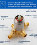 Solid brass shower valve with 1/2''NPT connectors for All In One Dual Shower System With Tub Spout And Handheld Seven Modes And Forty Nine Shower Combinations Easy Install Overhead Three Way Diverter Adjustable Heads Brushed Nickel Tub And Shower Trim Kit Complete Bath Faucet Set