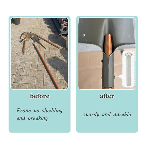 Broken spade handle before and repaired with 12 Pcs Rivets For Spade Handle Made From 304 Stainless Steel Half Round Head 50x6mm