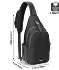 RFID Blocking Sling Bag Crossbody Backpack For Hiking And Travel, Lightweight Daypack with dimensions and weight shown in black