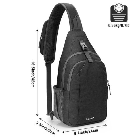 RFID Blocking Sling Bag Crossbody Backpack For Hiking And Travel, Lightweight Daypack with dimensions and weight shown in black