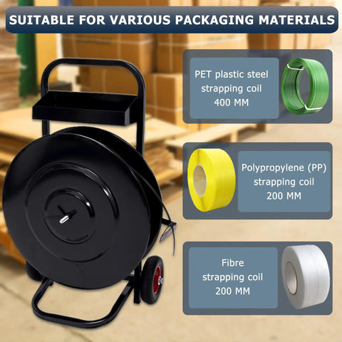 Heavy Duty Banding Cart And Dispenser For 8x8 And 16x16 Strapping, Built In Tool Tray For Seals And Tensioner, Durable Black Frame, Compatible With Steel, Poly, PET And Fiber Straps showing 400 mm PET coil