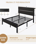 Queen Bed Frame With Smart App Controlled RGB LED Lights, Dual Wireless Charging Dock, Built In Storage Shelf, Modern Bedroom Furniture For A Clean Setup And Dope Vibe Upgrade showing dimensions and power ports.