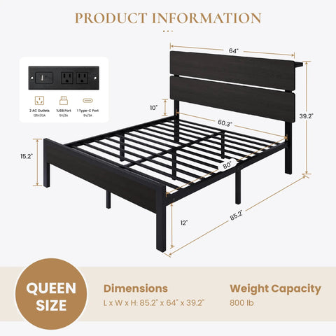 Queen Bed Frame With Smart App Controlled RGB LED Lights, Dual Wireless Charging Dock, Built In Storage Shelf, Modern Bedroom Furniture For A Clean Setup And Dope Vibe Upgrade showing dimensions and power ports.