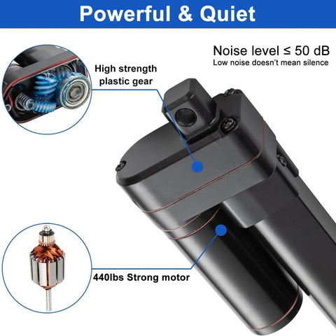Rock Solid 24V Linear Actuator Featuring 12 Inch Throw And 440 Pound Pull Power Heavy Duty IP65 Weatherproof Construction close-up of motor and gears.