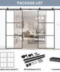 Double Barn Door Set 72 By 96 Inches With 12 Feet Hardware Kit Includes Two 36 By 96 Clear Tempered Glass Panels Aluminum Frame Pocket Interior Door Easy Assembly Black Top Mounted Hardware shown in room setting.