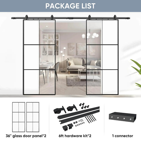 Double Barn Door Set 72 By 96 Inches With 12 Feet Hardware Kit Includes Two 36 By 96 Clear Tempered Glass Panels Aluminum Frame Pocket Interior Door Easy Assembly Black Top Mounted Hardware shown in room setting.